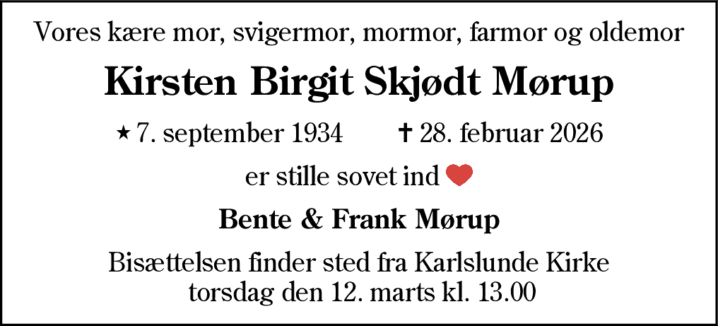 Dødsannonce for Kirsten Birgit Skjødt Mørup