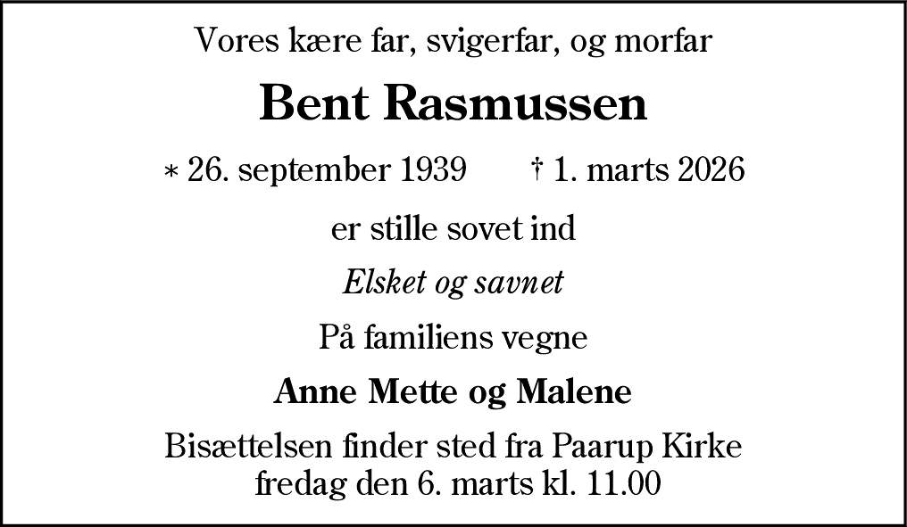 Dødsannonce for Bent Rasmussen