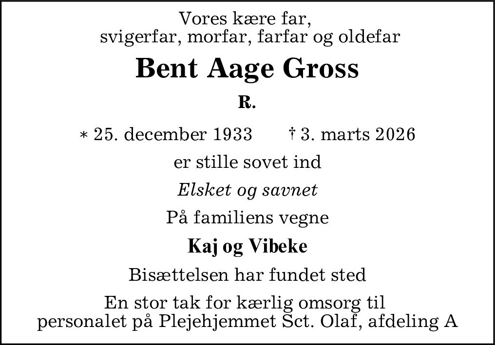 Dødsannonce for Bent Aage Gross