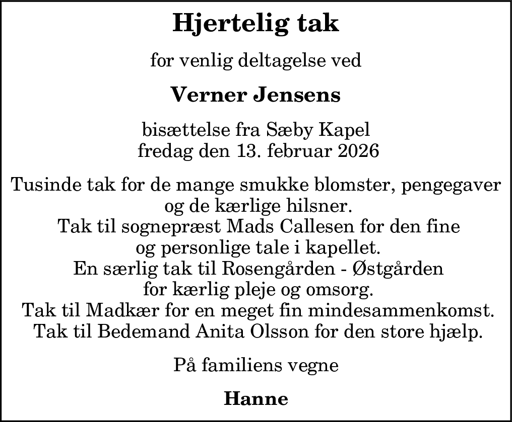 Dødsannonce for Verner Jensen