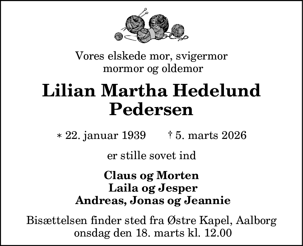 Dødsannonce for Lilian Martha Hedelund Pedersen