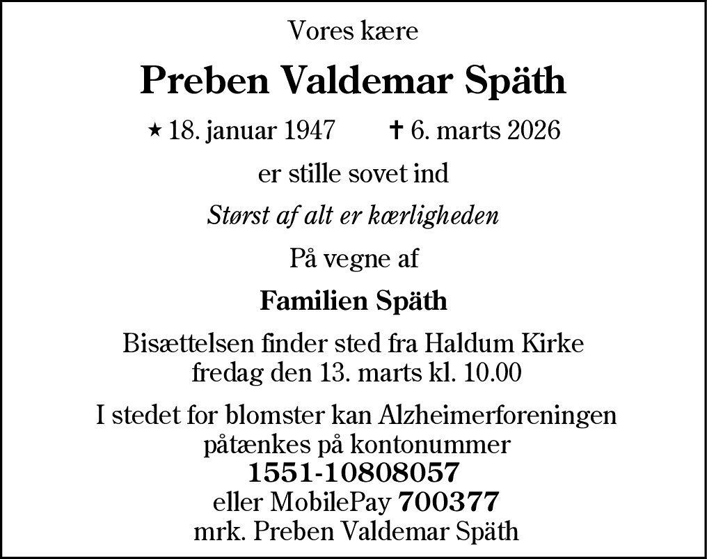 Dødsannonce for Preben Valdemar Spath