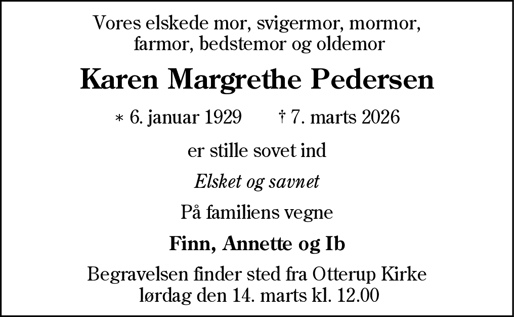 Dødsannonce for Karen Margrethe Pedersen