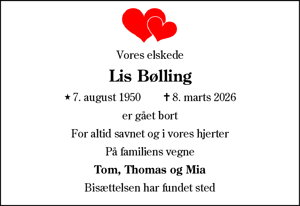 Dødsannonce for Lis Bølling
