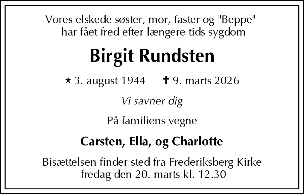 Dødsannonce for Birgit Rundsten
