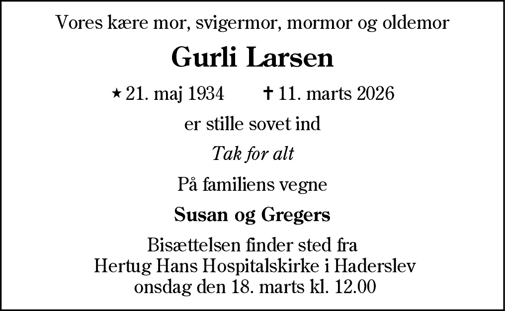 Dødsannonce for Gurli Larsen