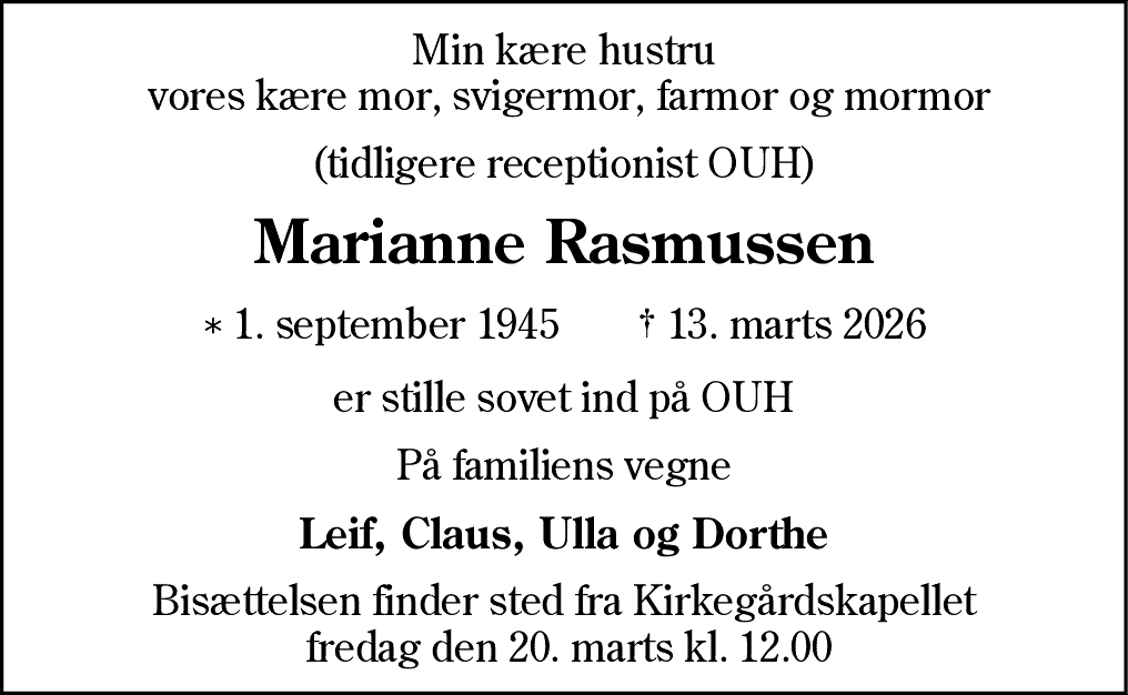 Dødsannonce for Marianne Rasmussen