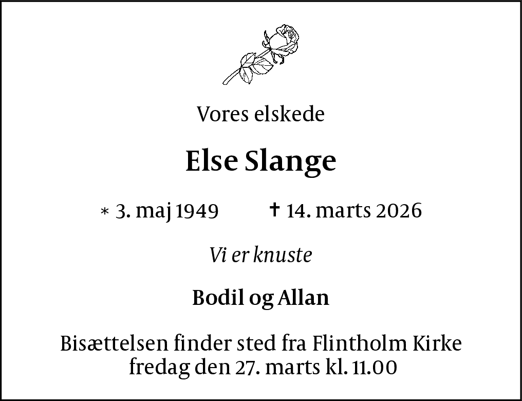 Dødsannonce for Else Margrethe Slange
