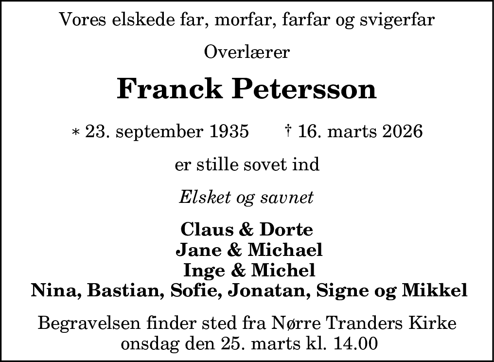 Dødsannonce for Franck Petersson