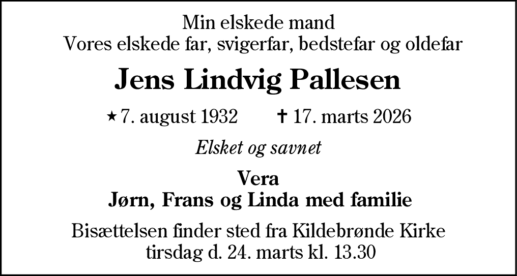 Dødsannonce for Jens Lindvig Pallesen