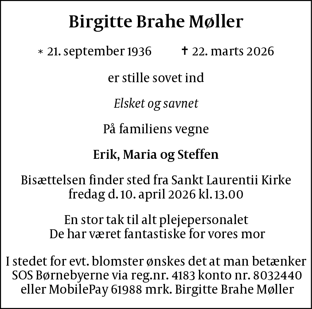Dødsannonce for Birgitte Charlotte Brahe Møller