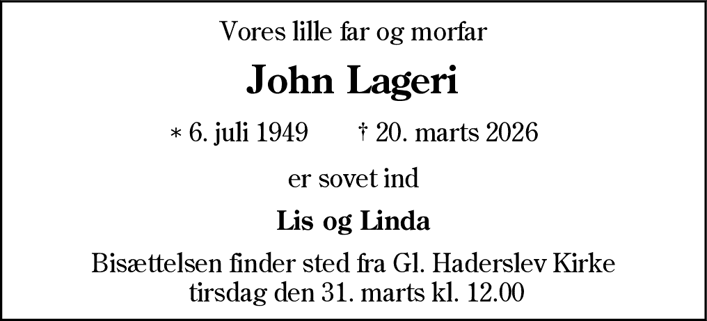 Dødsannonce for John Lageri