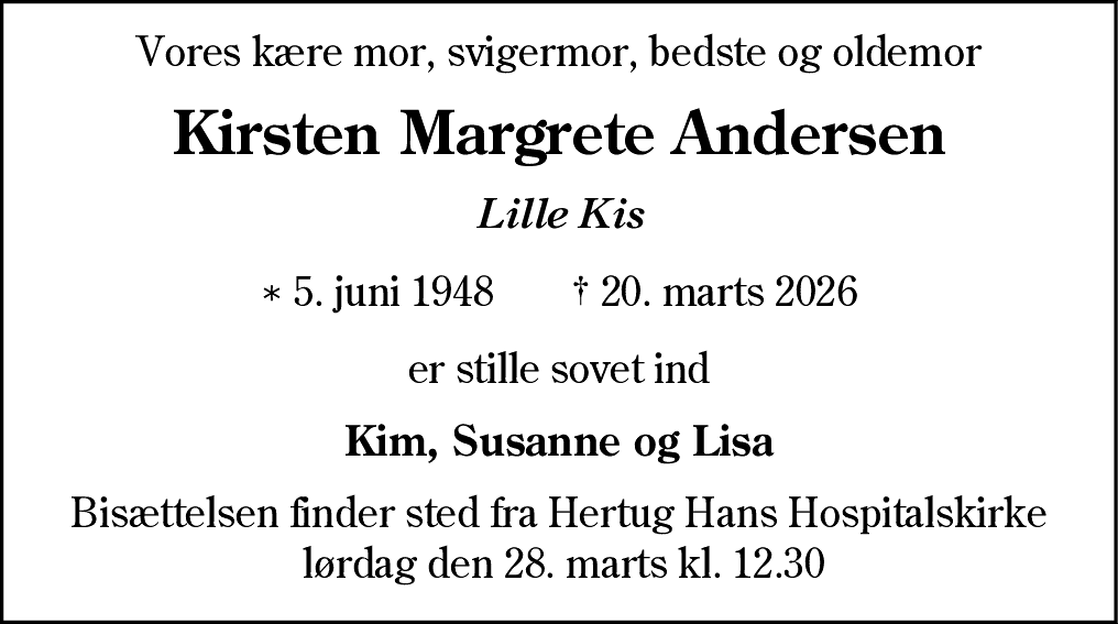 Dødsannonce for Kirsten Margrete Andersen