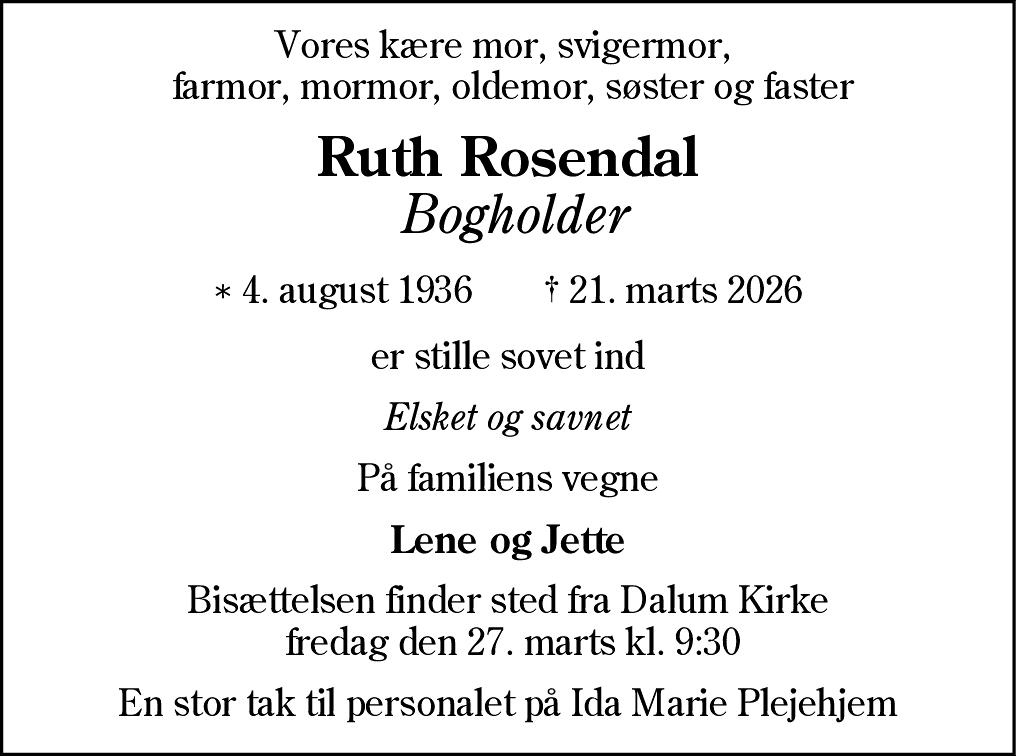 Dødsannonce for Ruth Rosendal