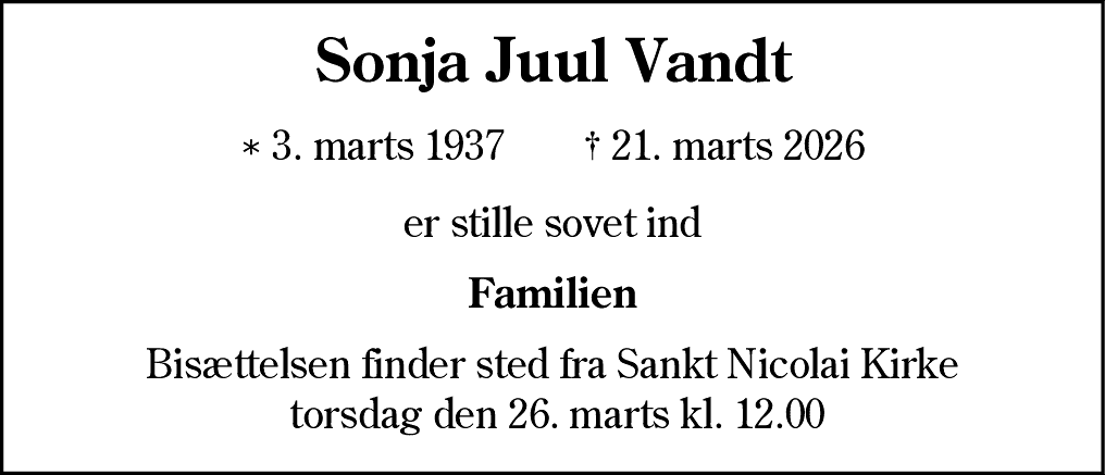 Dødsannonce for Sonja Juul Vandt