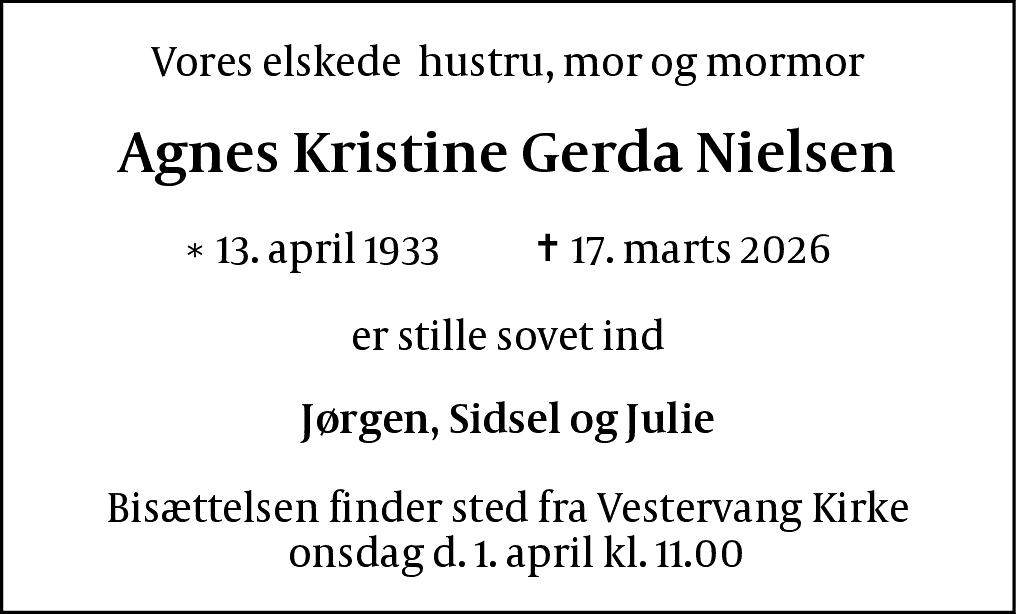 Dødsannonce for Agnes Kristine Gerda Nielsen
