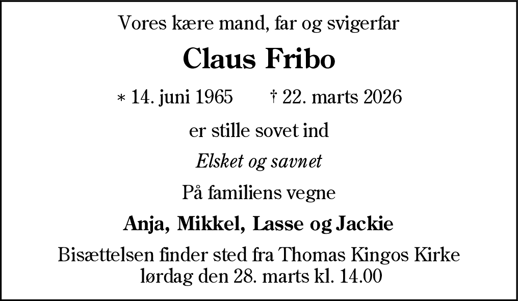 Dødsannonce for Claus Fribo