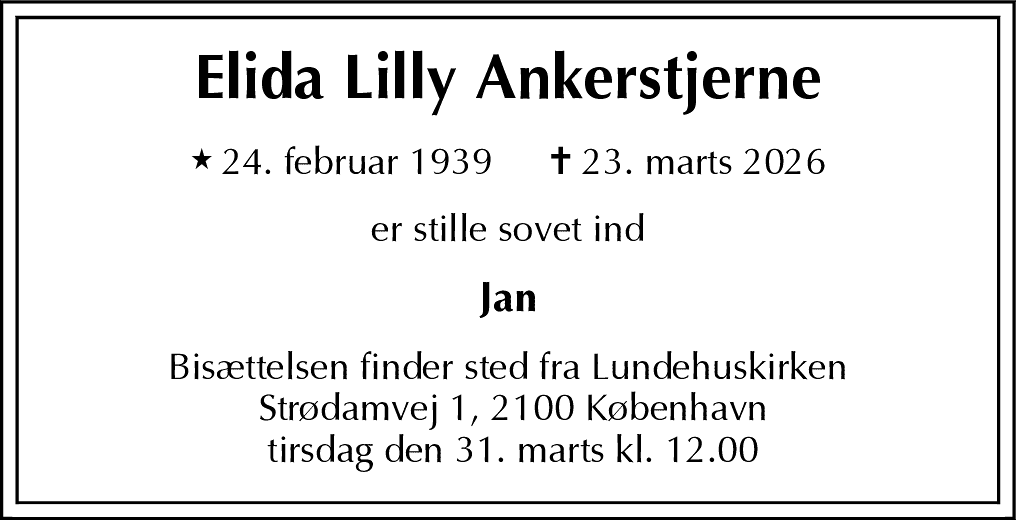 Dødsannonce for Elida Lilly Ankerstjerne
