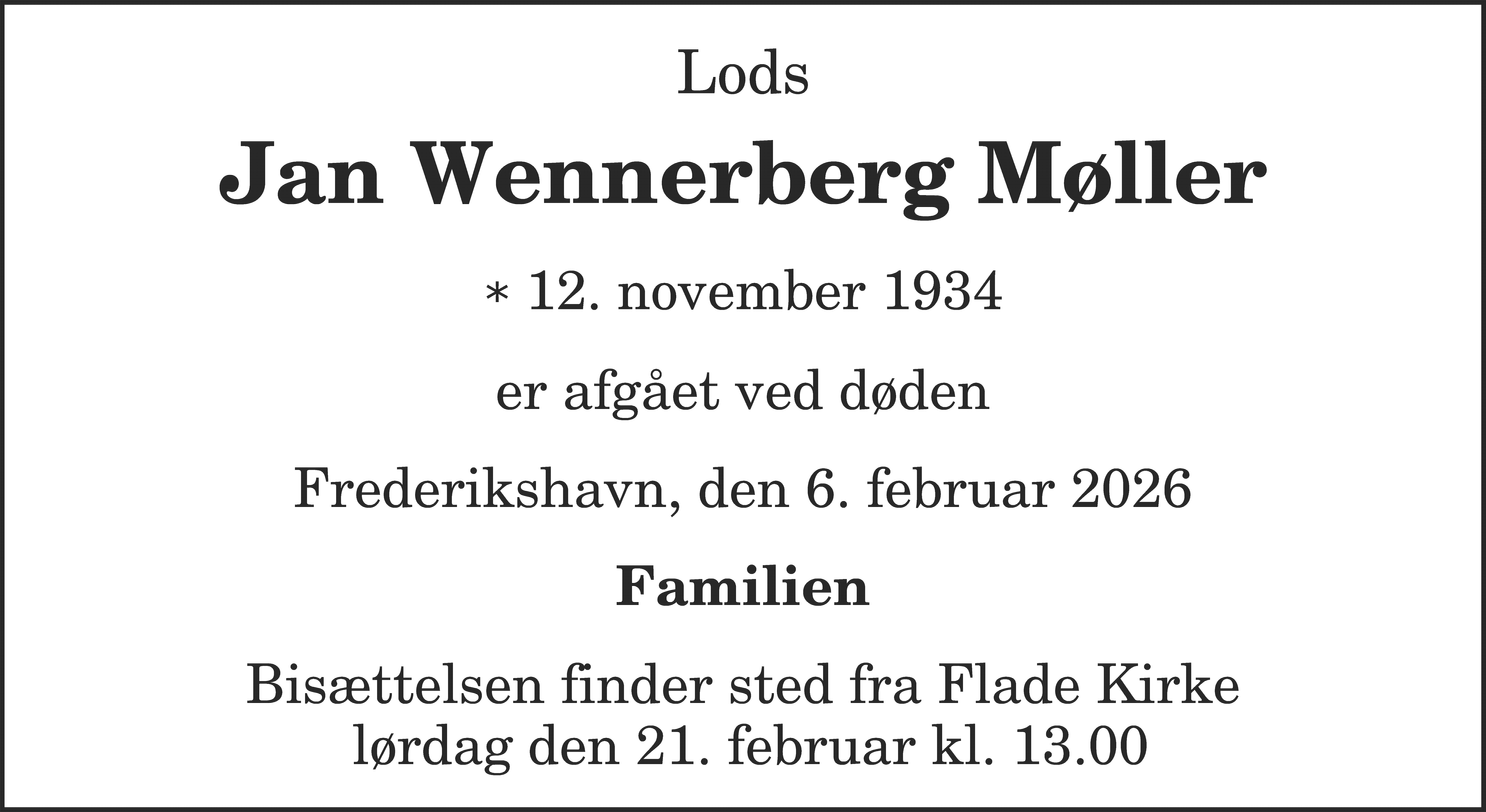 Dødsannonce for Johan Erik Wennerberg Møller