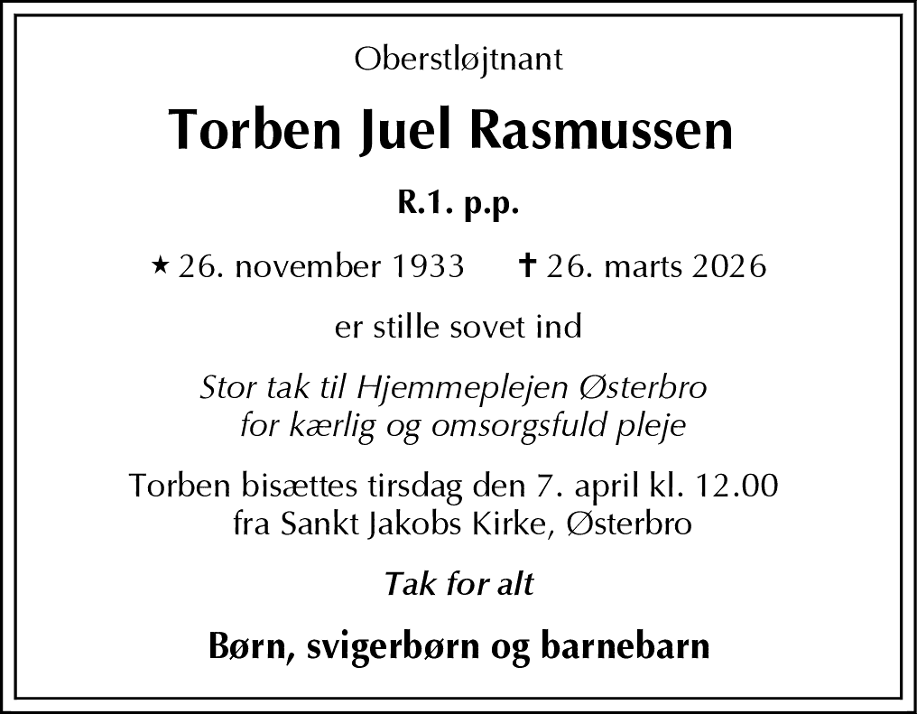 Dødsannonce for Torben Juel Rasmussen