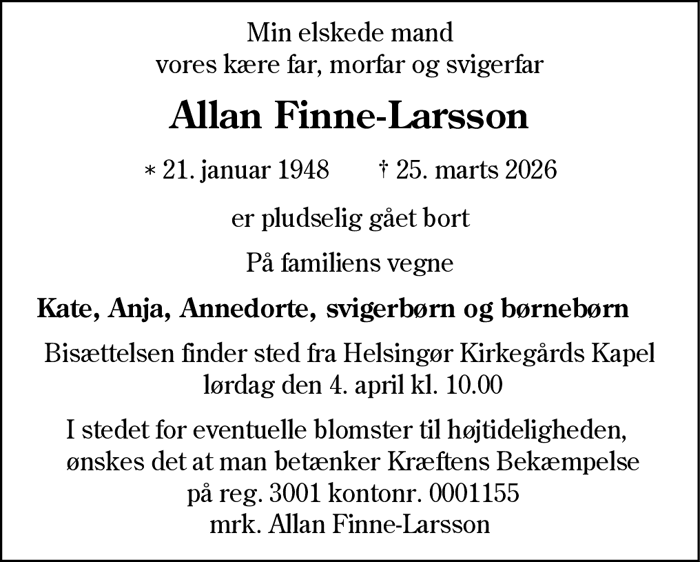 Dødsannonce for Allan Finne-Larsson