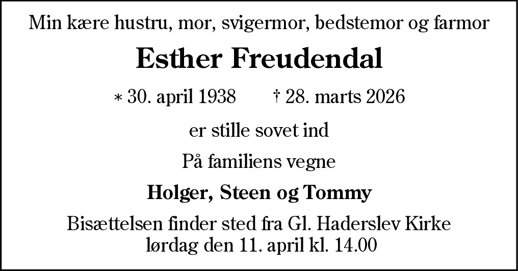 Dødsannonce for Ester Freudendal