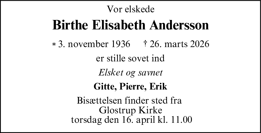 Dødsannonce for Birthe Elisabeth Andersson