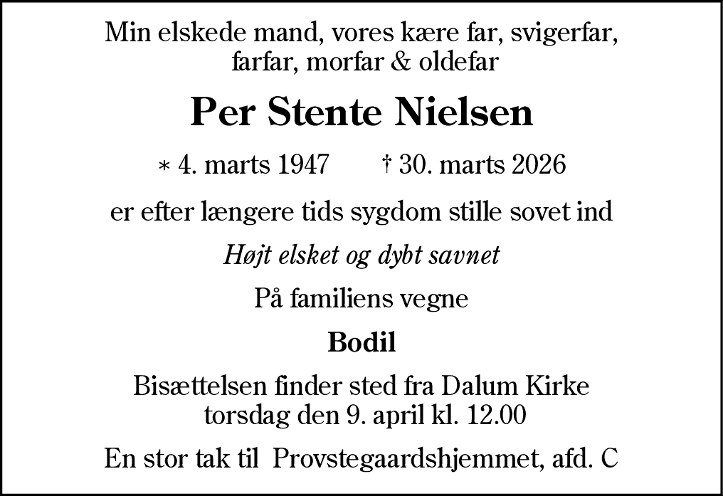 Dødsannonce for Per Stente Nielsen