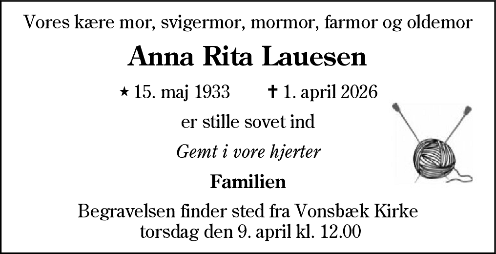 Dødsannonce for Anna Rita Lauesen