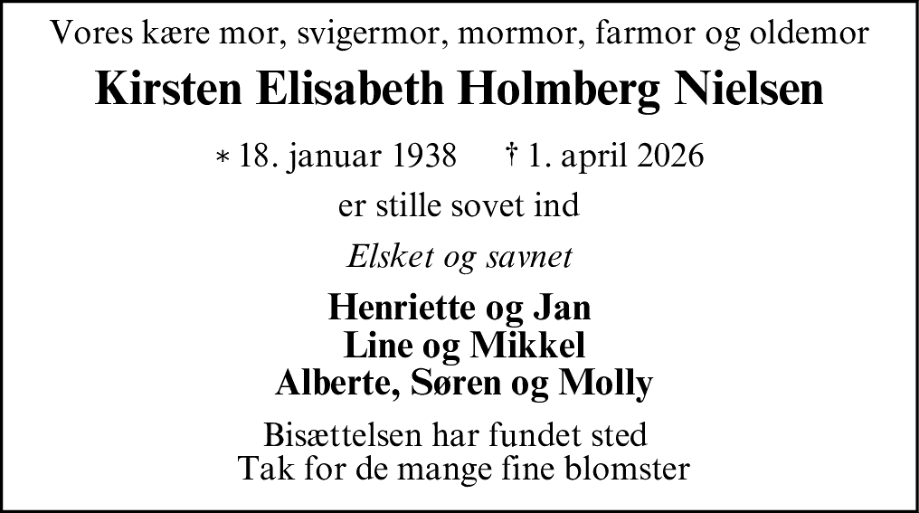 Dødsannonce for Kirsten Elisabeth Holmberg Nielsen