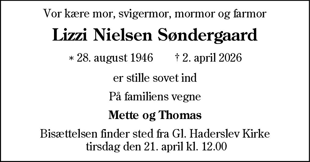 Dødsannonce for Lizzi Nielsen Søndergaard