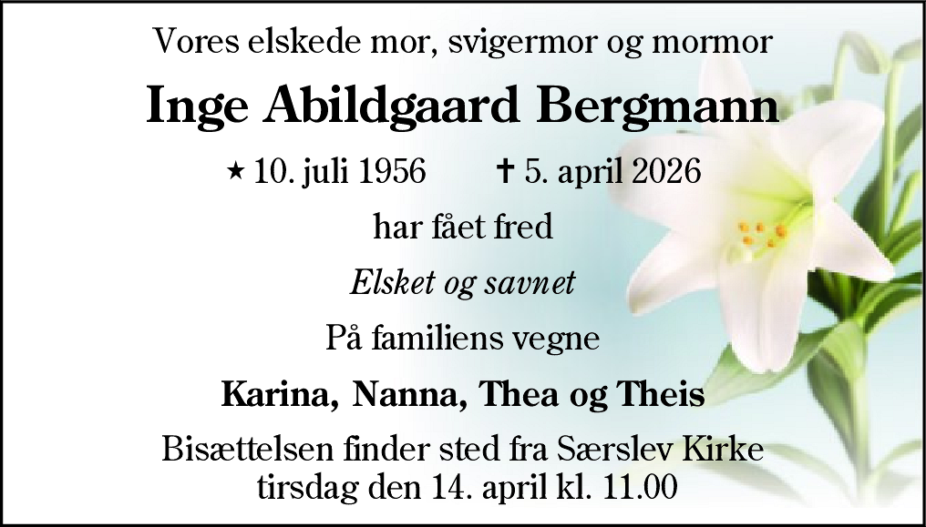 Dødsannonce for Inge Abildgaard Bergmann