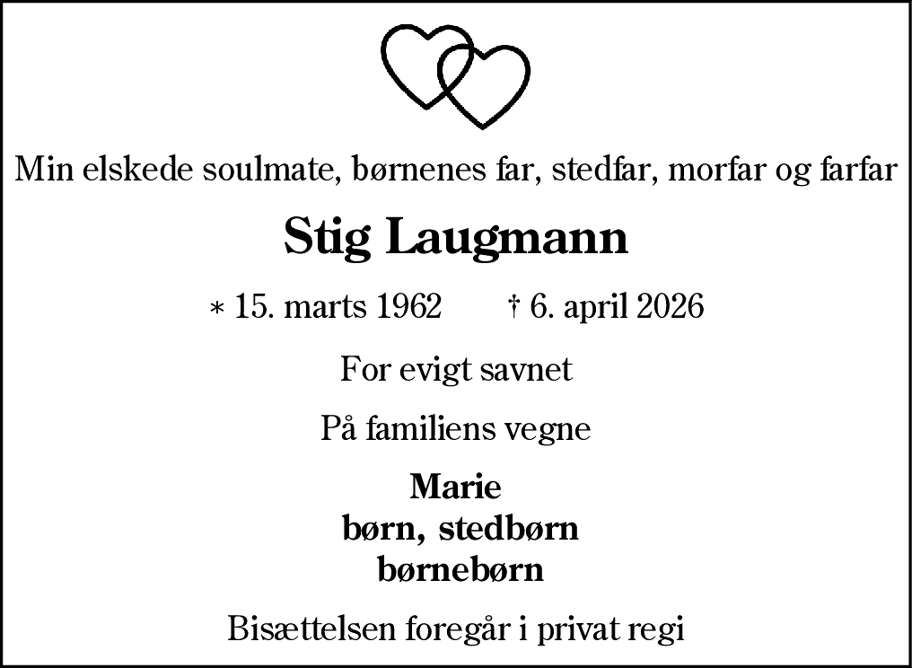 Dødsannonce for Stig Laugmann