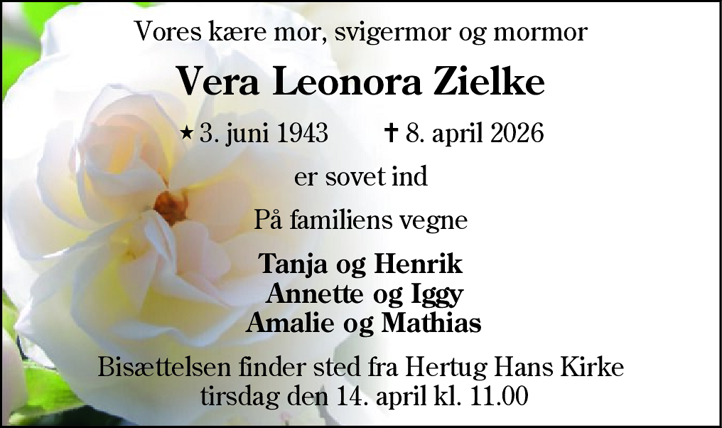 Dødsannonce for Vera Leonora Zielke