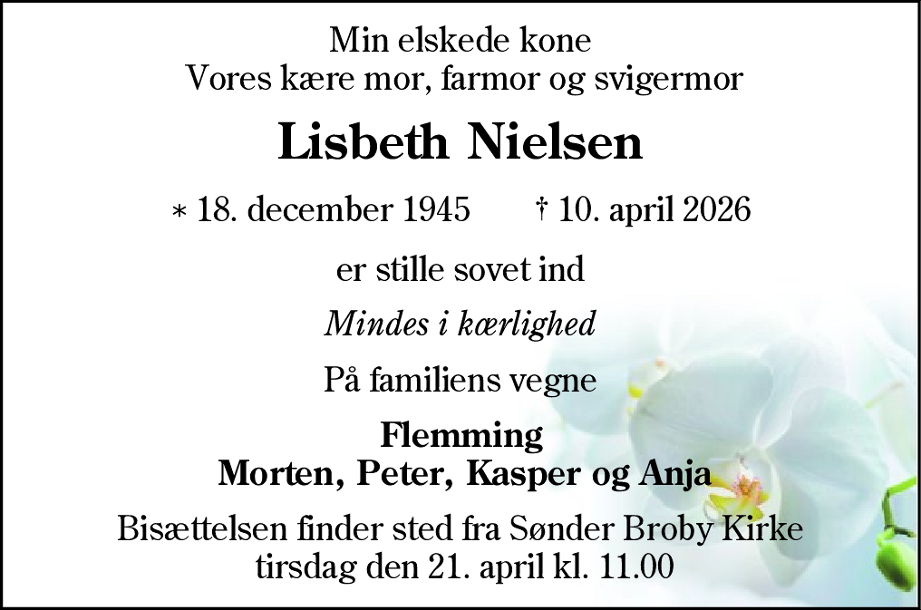 Dødsannonce for Lisbeth Nielsen