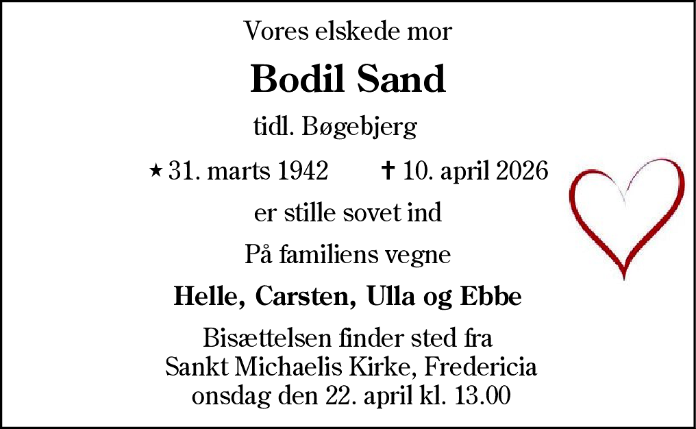 Dødsannonce for Bodil Sand