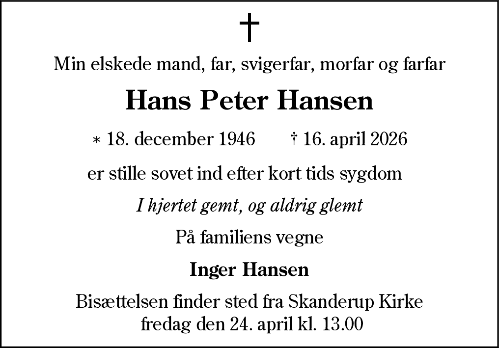 Dødsannonce for Hans Peter Hansen