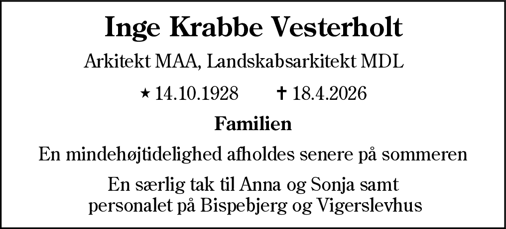 Dødsannonce for Inge Krabbe Vesterholt