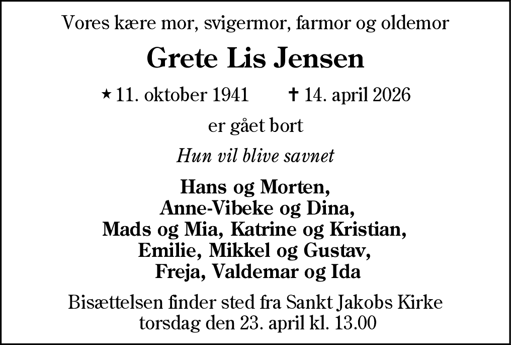 Dødsannonce for Grete Lis Jensen