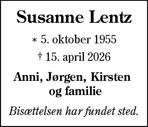 Dødsannonce for Susanne Lentz