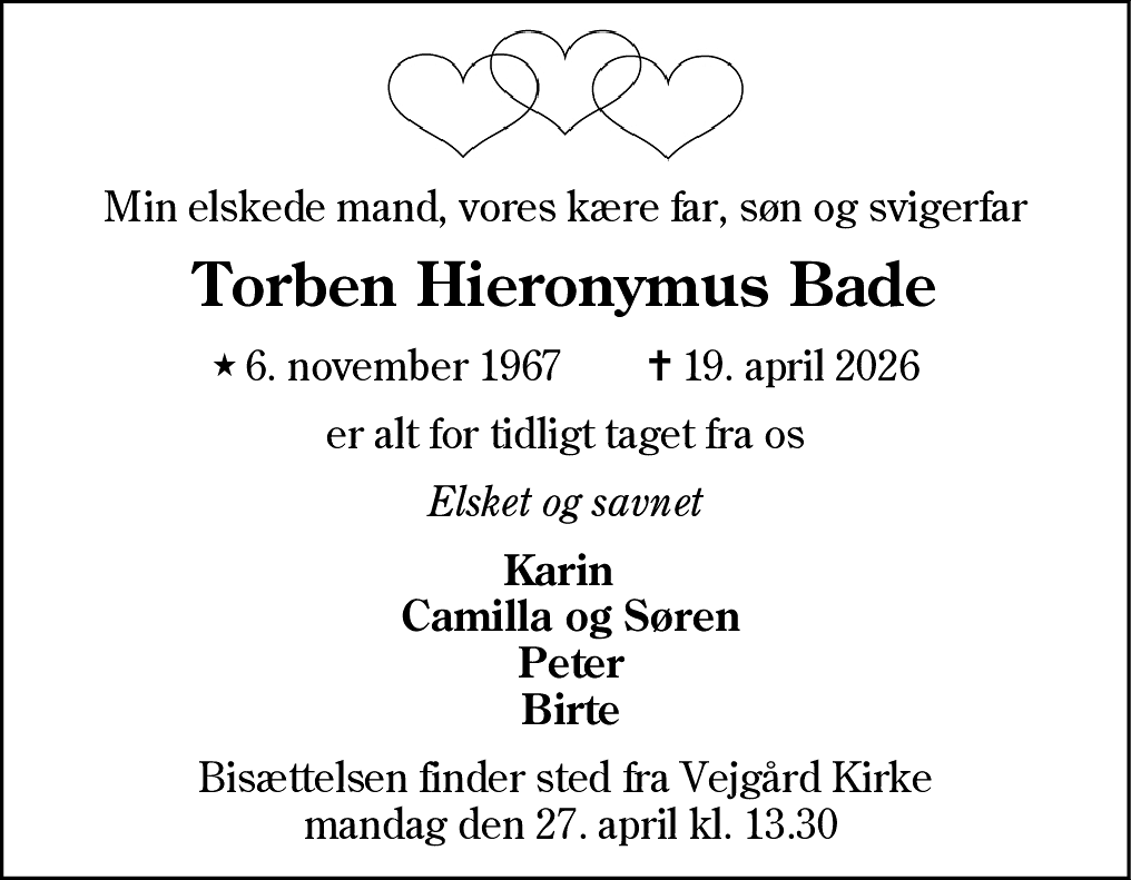 Dødsannonce for Torben Hieronymus Bade