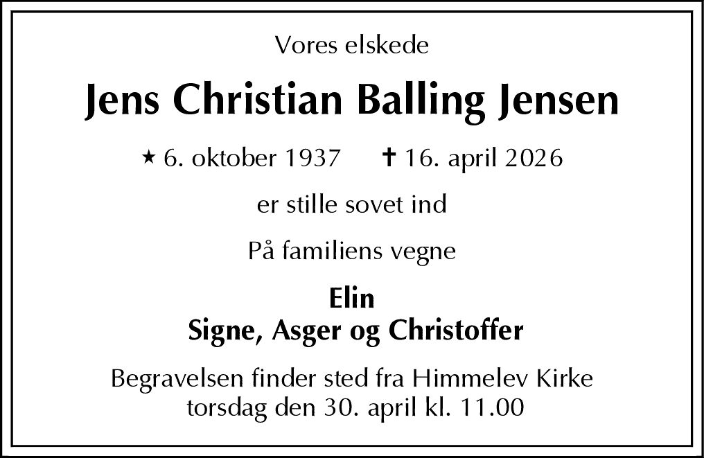 Dødsannonce for Jens Christian Balling Jensen