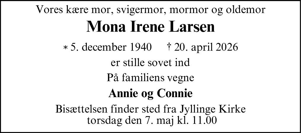 Dødsannonce for Mona Irene Larsen