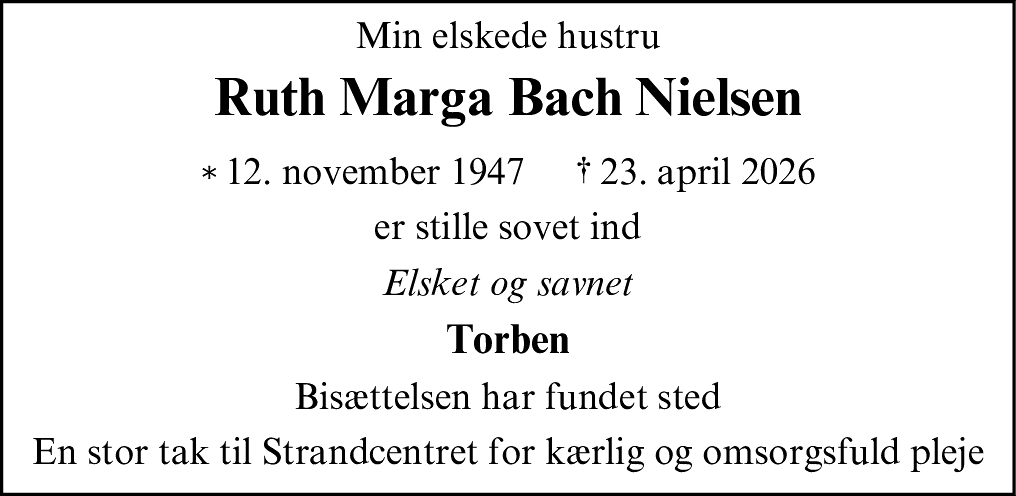 Dødsannonce for Ruth Marga Bach Nielsen