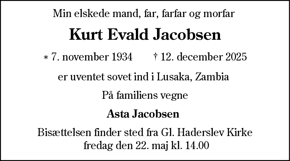 Dødsannonce for Kurt Evald Jacobsen