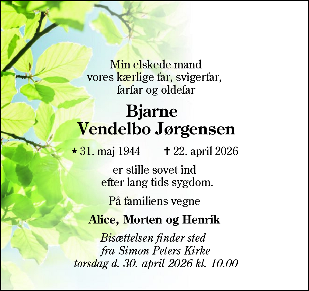 Dødsannonce for Bjarne Vendelbo Jørgensen