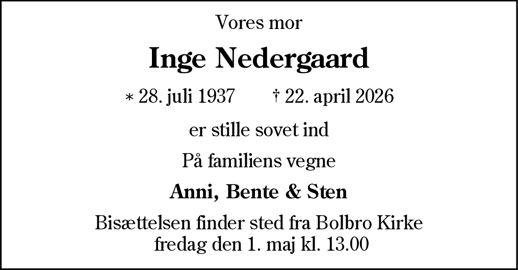 Dødsannonce for Inge Nedergaard