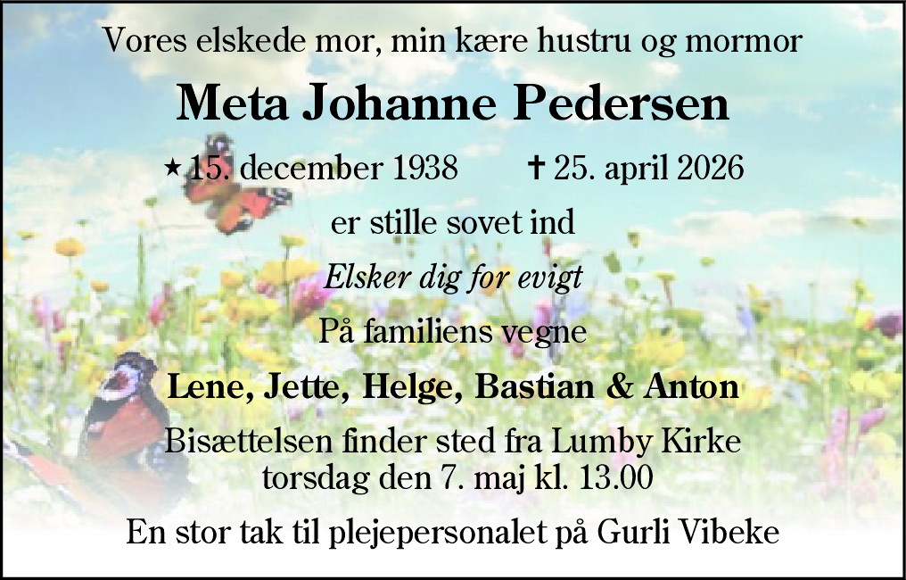 Dødsannonce for Meta Johanne Pedersen