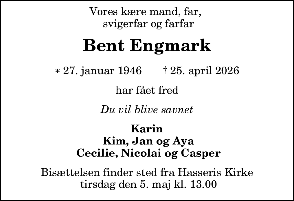 Dødsannonce for Bent Engmark