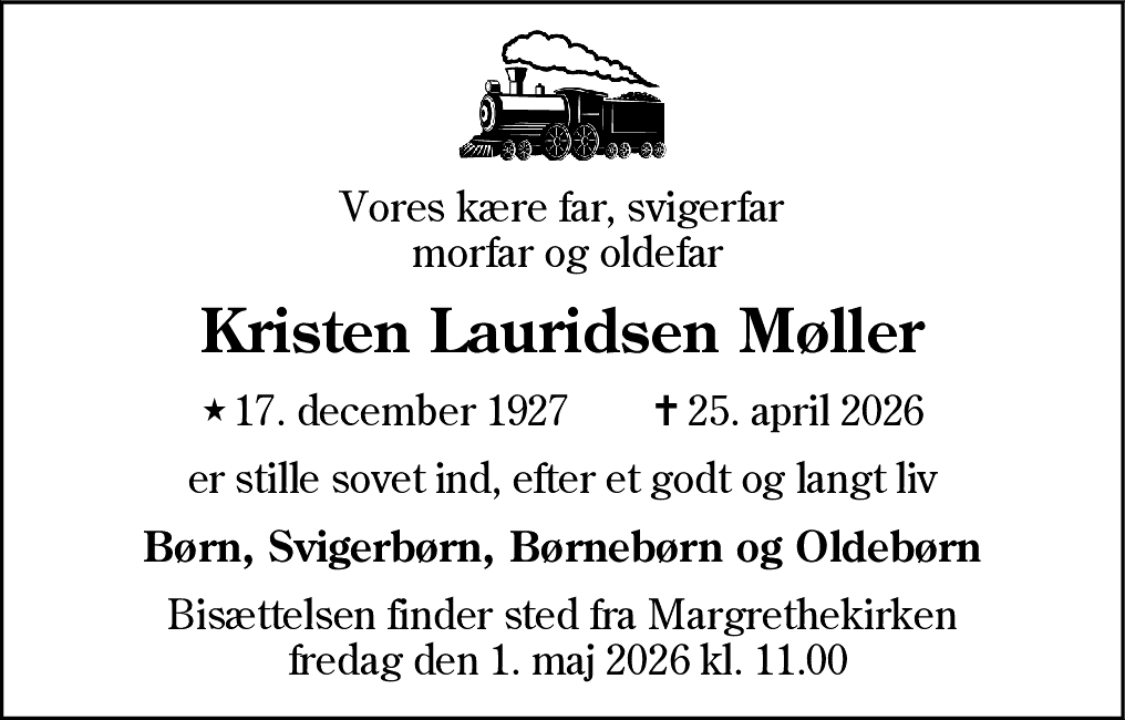Dødsannonce for Kristen Lauridsen Møller